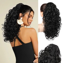 Flufymooz 100％ Pure Protein Ponytail Extension, 18 Inch Curly Claw Clip Ponytail Hair Extensions Natural Soft pony tail hairpiece for women-Black Brown