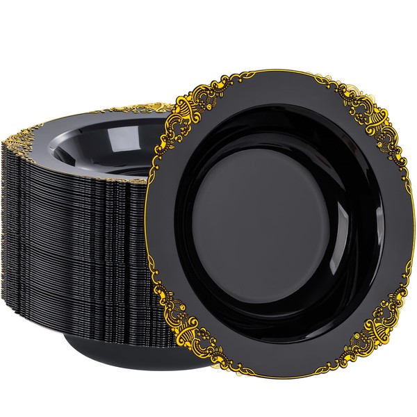 Nervure 50PCS Black Plastic Bowls with Gold Rim - 12oz
