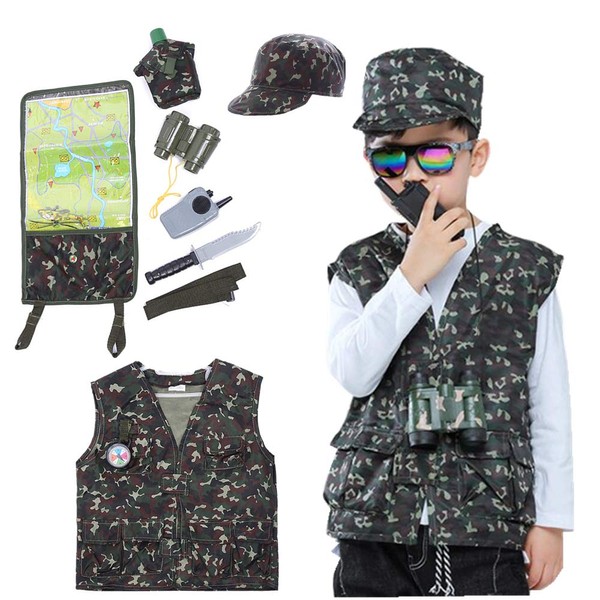 TOPTIE Kids Camo Tactical Soldier Costume, Halloween Military Motif Role Play Set with Accessories-Green-S