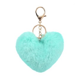 FORUBUS Heart Shaped Leopard Pom Pom Ball Keychain - Fun Accessory for Stylish Women (Green blue)