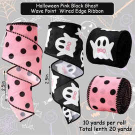 JarThenaAMCS 2 Roll Halloween Wired Edge Ribbon Ghost Boo Polka Dots Ribbon Pink Black Fabric Ribbons for Wreath Bow Making DIY Crafts Wrapping, 20 Yard