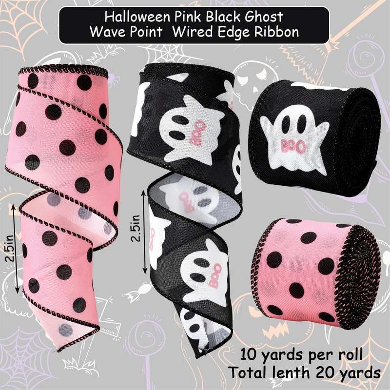 JarThenaAMCS 2 Roll Halloween Wired Edge Ribbon Ghost Boo Polka