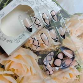 24Pcs French Tip Press on Nails Long Almond Fake Nails with Pearl Heart Charms Design Y2k False Nails Bow Rhinestones Acrylic Nails Black Nails Tip Glue on Nails Reusable Artificial Nails for Manicure