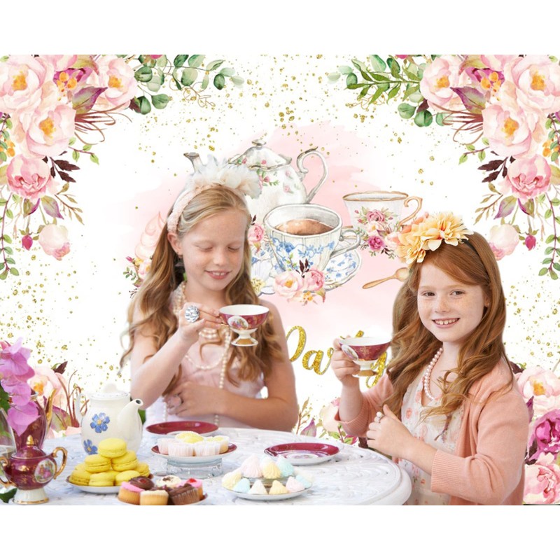 Tea Party Bridal Shower Backdrop Pink Floral Gold Dots Tea