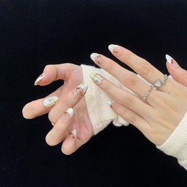 10 Pieces Handmade Nail Tips, Cherry Blossom Nibo Short False False Nails Short Oval False Nail Popular Cute