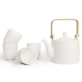 WEOPYCJ Japanese Tea Set, White Asian Ceramic Porcelain Tea Sets with 1 Teapot Set 30oz, 4 Tea Cups 6oz 1 Stainless Infuser, Asian Adults Tea Pot Set for Tea Lover/Women/Men