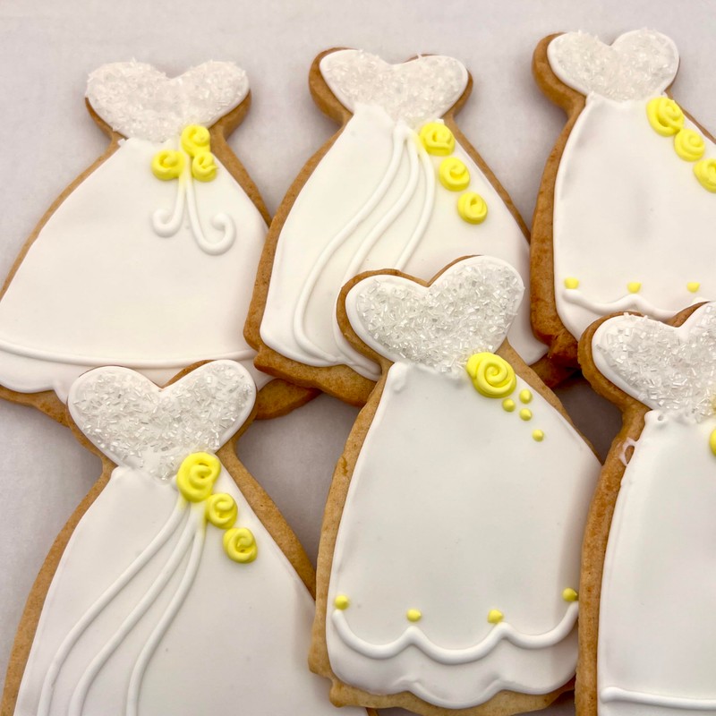 Wedding Dress Assortment Cookies- 6 Crunchy Decorated Shortbread Cookies Individually