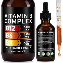 Liquid Vitamin B Complex Drops – Methylcobalamin B12 & B6 with B1, Niacin, Folate – Sublingual High Strength – Supports Immune System and Energy Levels– Raspberry Flavour, 60ml
