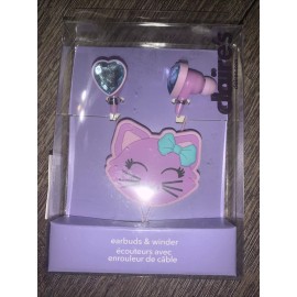 CLAIRE'S Purple Rhinestone KITTY CAT Earbuds & Winder Cord Audio Jack Stereo 3 +