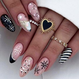 Christmas Press on Nails Medium Almond Fake Nails with Winter Snowflake Gold Powder Santa Claus Design Stick on Nails Xmas Glue on Nails Glossy Acrylic Nails French Tip False Nails for Women 24Pcs