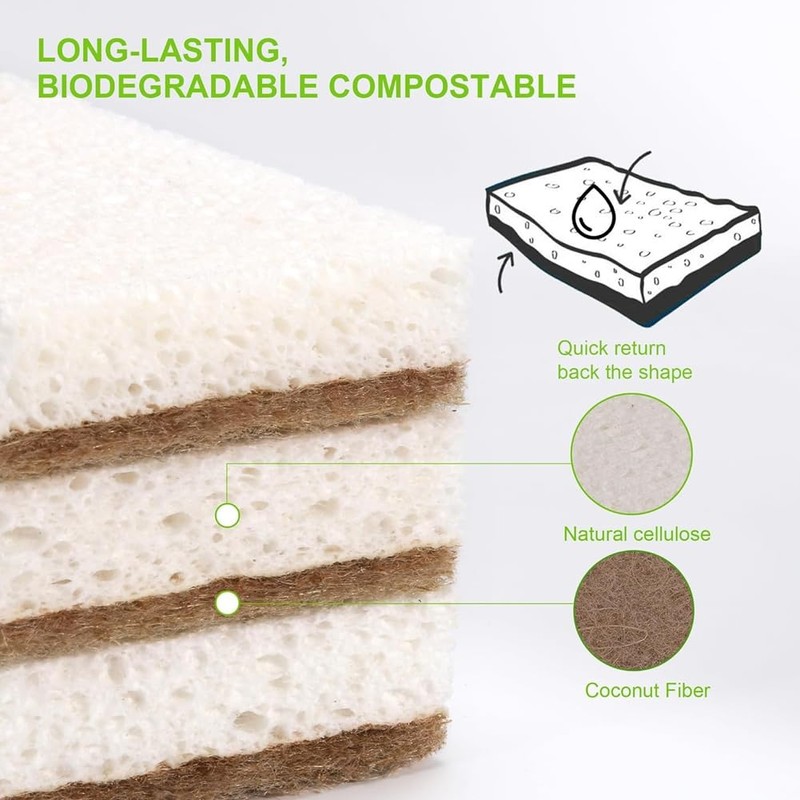 omolly 12 Pcs Eco Sponge Scourers, Natural Washing Up Sponge,