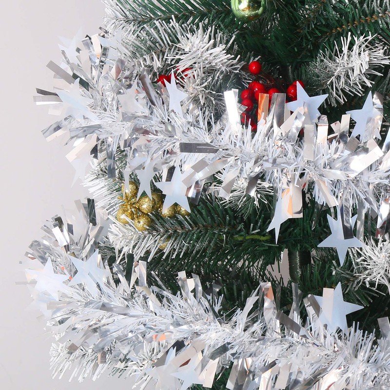 LOKIPA 10M Silver Christmas Chunky Tinsel Garland with Star for
