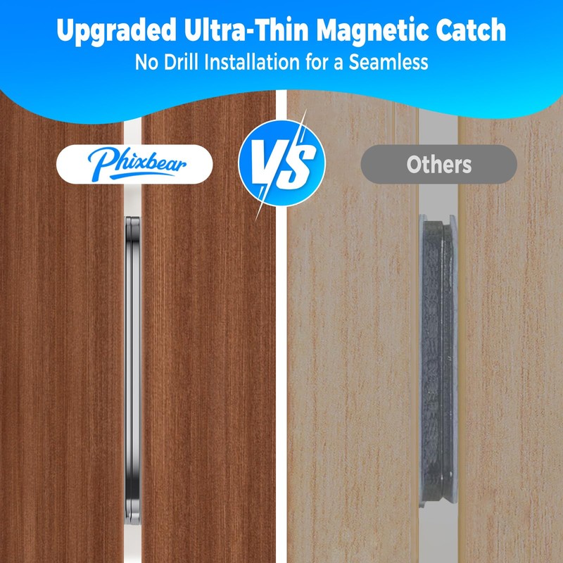 PHIXBEAR 9 Pairs Ultra-Thin Magnetic Cabinet Door Catch, No-Drill Adhesive
