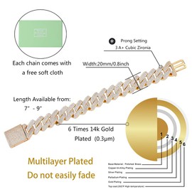 TOPGRILLZ 20mm 6 Times 14K Gold Plated Full Iced Out Prong Setting Cubic Zirconia Box Clasp Miami Cuban Link Bracelet for Men Hip Hop (Gold-Plated-Brass, 7)