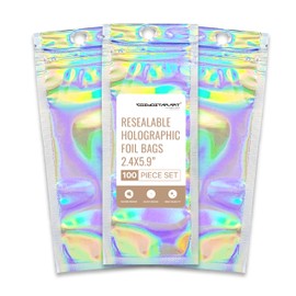 COSMOSTARART 100 Pack Holographic Resealable Bags, Clear Front Mylar Ziplock Pouches for Multipurpose Storage (4"x6")