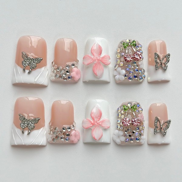 Luxury Press on Nails Short Duck Handmade 3D Unique Reusable