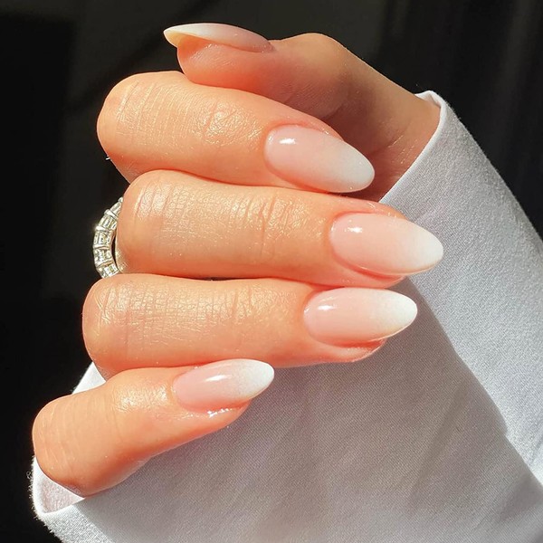 Almond False Nails Short, 24Pcs Nude Pink Gradient Press on Nails Pattern, French Glossy Fake Nails with Nail Glue, Oval Stick on Nails for Women, Nails Fake Nail for Nails Art (Gradient Stiletto)