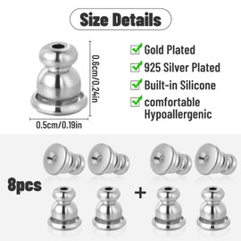 Earring Backs - 8pcs Locking Earring Backs for Studs, Hypoallergenic 18k Gold Colour Retention Earring Backs Replacements for Studs Droopy Ears (Silver)