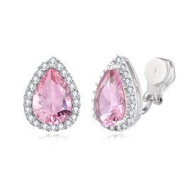 EVER FAITH Cubic Zirconia Wedding Clip On Earrings, Bridesmaids Gorgeous Teardrop Prong Setting Stud Earrings for Women Pink Silver-Tone