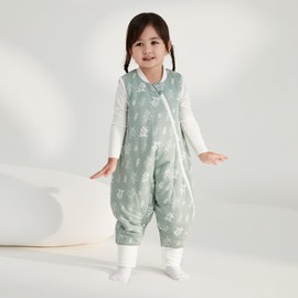 Duomiaomiao Sleeping Bag with Feet, 100% Cotton Sleeping Bag Baby 1.5 TOG Sleeping Bag with Legs All Year Round, Toddler Sleeping Bag 2-3 Years, Green Leaves