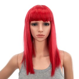 SWACC 14 Inches Short Straight Medium Shoulder Length Wig with Blunt Cut Bangs and Bottom End Synthetic Heat Resistant Hair Wigs for Women with Wig Cap (Red)