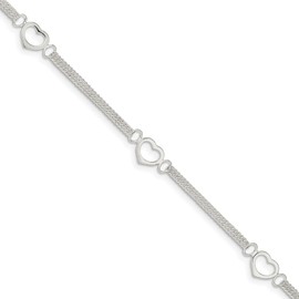 Solid 925 Sterling Silver 10inch Polished Love Heart Anklet Bracelet - with Secure Lobster Lock Clasp 10"