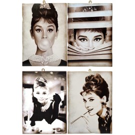 KUSTOM ART Set of 4 Vintage Style Audrey Hepburn Wooden Pictures 4x6