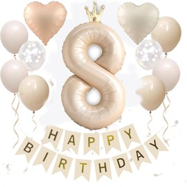 8th Birthday Decoration, 40 Inch Large Number Balloons, Dull Color, Happy Birthday Decoration, Balloons, Set of 1 Years, Number Balloons, with Crown, 8 Caramel