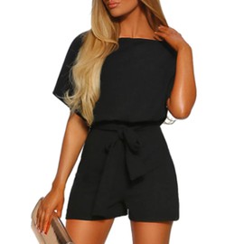 Vetinee Womens Black Summer Casual Belted Romper Keyhole Back Short Sleeve Jumpsuit Playsuit X-Large
