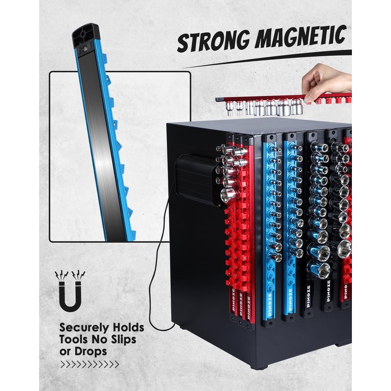 PINOZE 1/4" Magnetic Socket Holder Organizer - Aluminum Alloy Socket