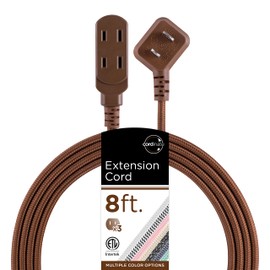 Cordinate Designer 3-Outlet Extension Cord, 2 Prong Power Strip, Extra Long 8 Ft Cable with Flat Plug, Braided Chevron Fabric Cord, Slide-To-Lock Safety Outlets, Solid Brown, 39982