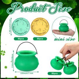 Foilswirl 150 Pcs St. Patrick's Day Candy Cauldron Kettles and Plastic Shamrock Coins Set Include Mini Cauldron Plastic with Handle Green Fake Gold Coins for St Patrick's Day Party Decoration Supplies