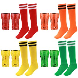 Football Shin Pads for Kids, Shin Pads and Long Football Socks for 7-12 Years Old Boys and Girls, for Football Games, Football Equipment (4 Pairs Shin Pads and Socks)