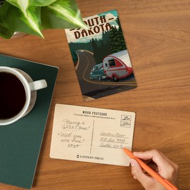 South Dakota, Retro Camper (4x6 Birch Wood Postcards, 2-Pack Stationary, Rustic Home Wall Decor)