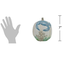 The Bridge Collection 7" Coastal Blue Crab Fall Pumpkin Figurine - White Nautical Beach-Themed Pumpkin with Gold Coral