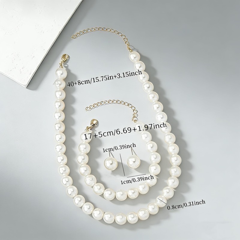8mm Elegant Pearl Jewelry Set with Gold Chain, Classic White