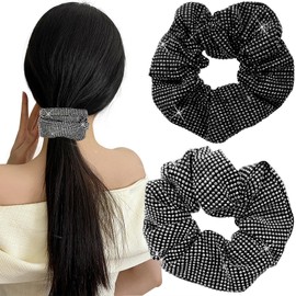 2PCS Rhinestone Hair Scrunchies,Black White Bling Shining Hot Fix Rhinestone Hair Scrunchies Set Hair Bands for Women Retro Hair Accessories