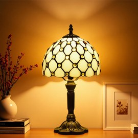 Exporify Tiffany Table Lamp,Yellow Beads Stained Glass Lamp,8" Small Tiffany Style Desk Lamp for Living Room Home,Bedroom Bedside Vintage Lamp for Office Dorm Bar Decor Gift,Included LED Bulb