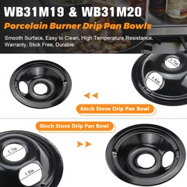 WB31M19 WB31M20 Porcelain Drip Pans by Blutoget - Compatible for GE Hotpoint Range Cooktop -Includes 3 6-Inch and 1 8-Inch Pans -4 Pack (Black Porcelain)- Stove Drip Pans for 3 Small Burners & 1 Large