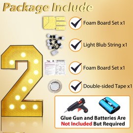4FT Marquee 2 Numbers, Light Up Numbers 2 Mosaic Numbers Glitter Gold Black Light Up Letter Pre-Cut Foam Board Sign Marquee for Birthday Party Decorations, Wedding, DIY Anniversaries