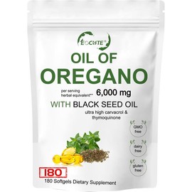 EOCUTE Oregano of Oil with Black Seed Oil Immune Support Softgels-6000mg Edible Vitamins Supplement for Fitness and Healthcare - Vitamin Dietary Bathroom - Specification: 180 Softgels