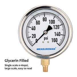 MEASUREMAN 4" Dial Size, Glycerin Filled Plumbing Pressure Gauge, 0-160psi, Stainless Steel Case, 1/4" NPT Lower Mount