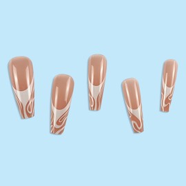 BABALAL Coffin Press on Nails Long Fake Nails Glossy Glue on Nails Omber Marble Acrylic Nails Ballerina Stick on Nails for Women and Girls