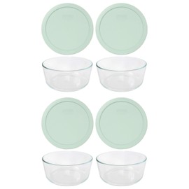 Pyrex (4) 7203 7-Cup Glass Bowls & (4) 7402-PC 7-Cup Muddy Aqua Lids - Made in the USA