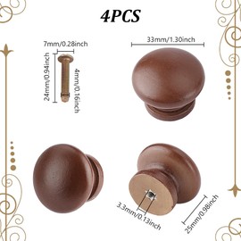 AHANDMAKER 4 Pcs Round Wood Knobs, 33mm/1.3" Mushroom Shape Wooden Cabinet Furniture Knobs, Drawer Pull Handles for Kitchen Cabinets Furniture Dresser Wardrobe Cupboard, Brown
