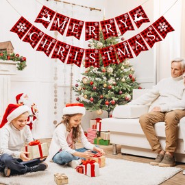 Plaid Merry Christmas Banner Cotton Burlap Christmas Rustic Bunting Banner for Christmas Hanging Decorations