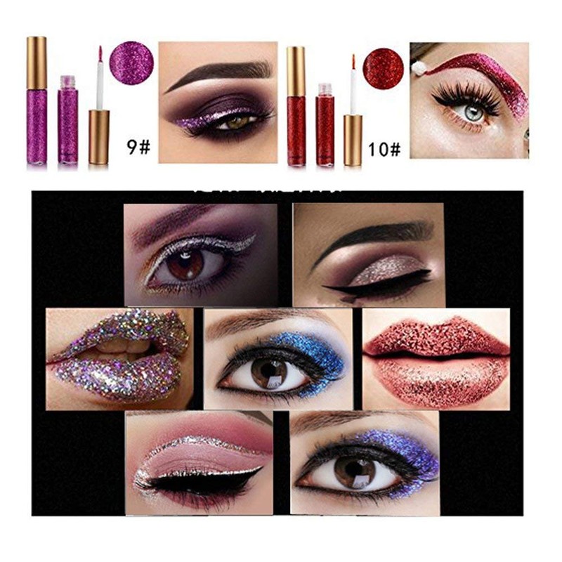 10 Colours Glitter Liquid Eyeliner Set - Shimmer, Smudge-Proof, Waterproof,