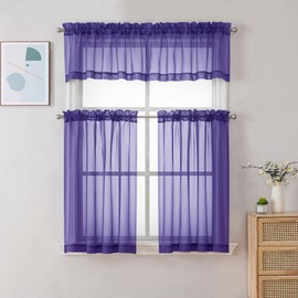 Chyhomenyc Sheer Purple Tier Curtains 24 Inch Length, Small Window Curtains Treatment for Bathroom Living Room Basement, Short Rod Pocket Cafe Curtain, 42W x 24L Inches, 2 Panels