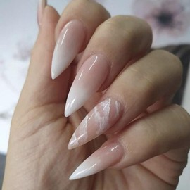 BAOYAALIN Ombre Nude White Press on Nails Stiletto Fake Nails Long Almond with Design Acrylic Glue on Nails for Women Girls Full Cover Artificial False Stick on Nail for Daily Wear Wedding 24Pcs