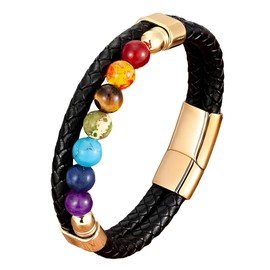 RICHARD-911 Pulsera Brazalete 7 Chakras Cuarzo Amatista Ojo Tigre Piedra Natural Acero Inoxidable Color Oro Esclava Cuero Trenzado Joyería Regalo Pareja Amor Amistad (19)